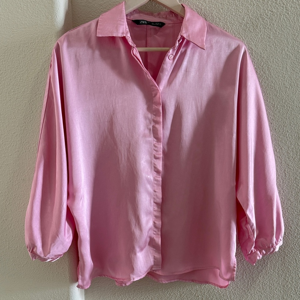 Zara Pink Satin Button Down Shirt - Picture 4 of 7
